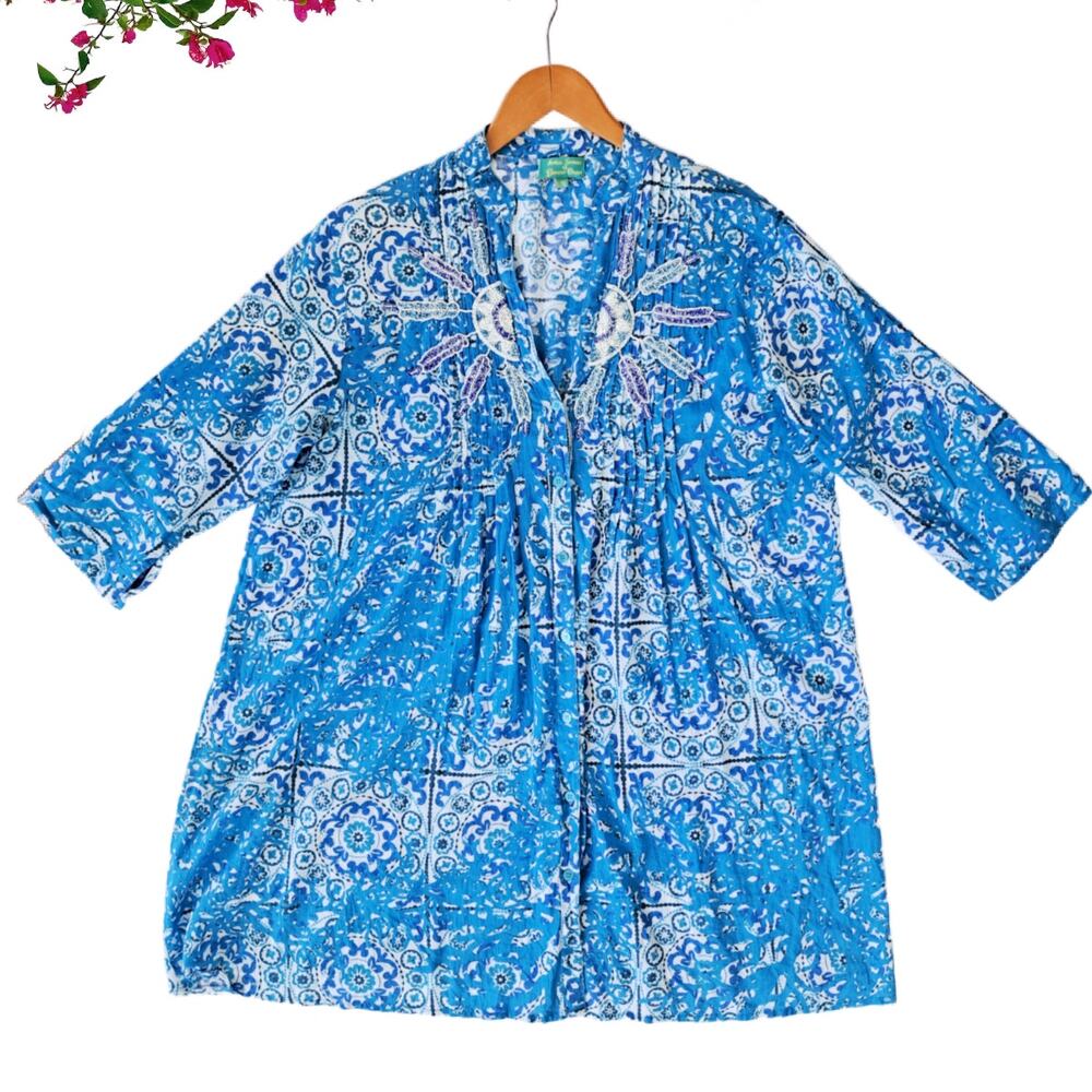 ANTICA SARTORIA Mini Dress L/XL Turquoise Beaded Pintuck Tunic Resort Beach Boho - Picture 7 of 13